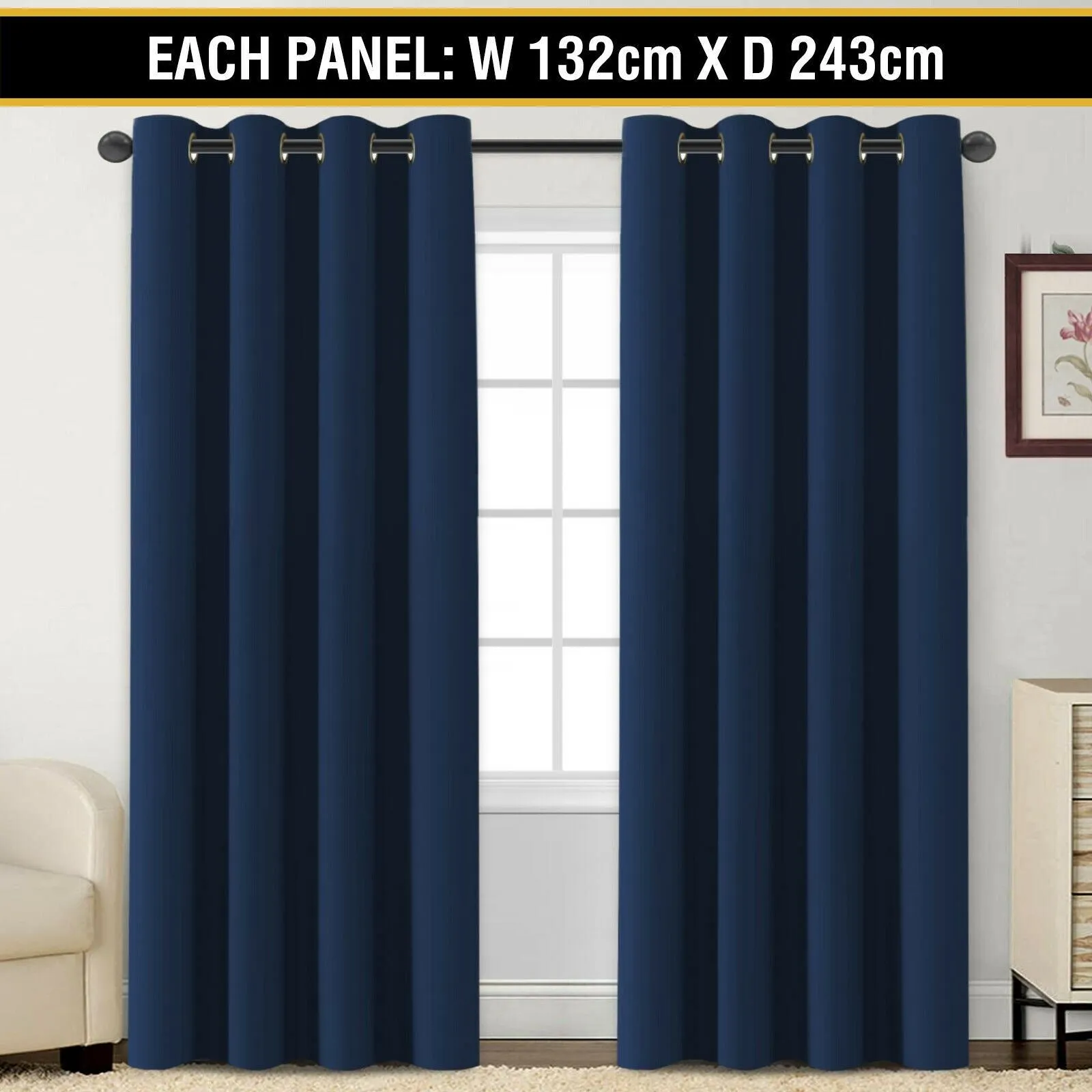 2 x Blockout Curtains Blackout Bedroom Curtain Draperies Eyelet ,Navy