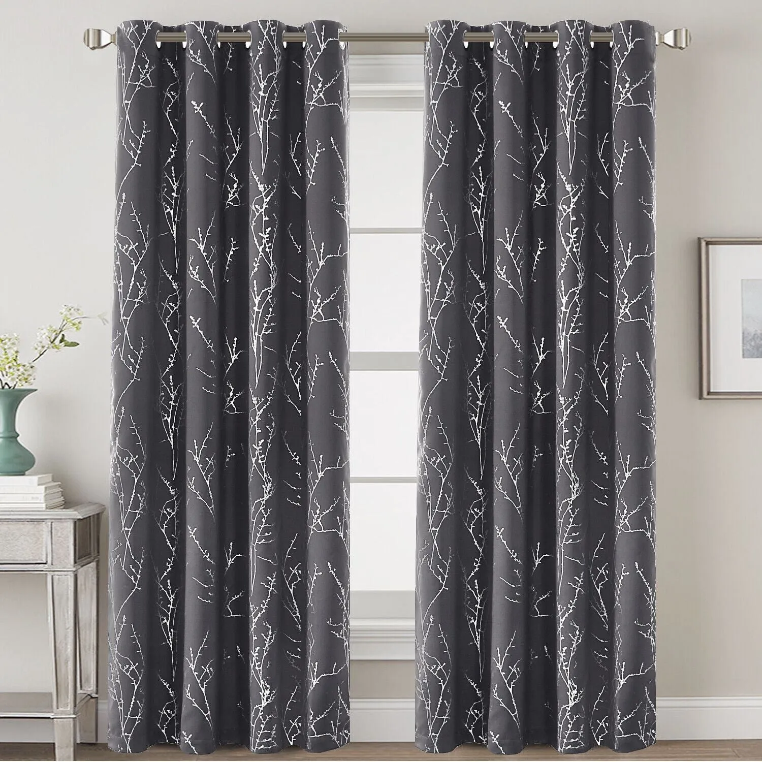 2x Blackout Foil Print Twig Tree Branch Curtain Drapes for Living Bedroom