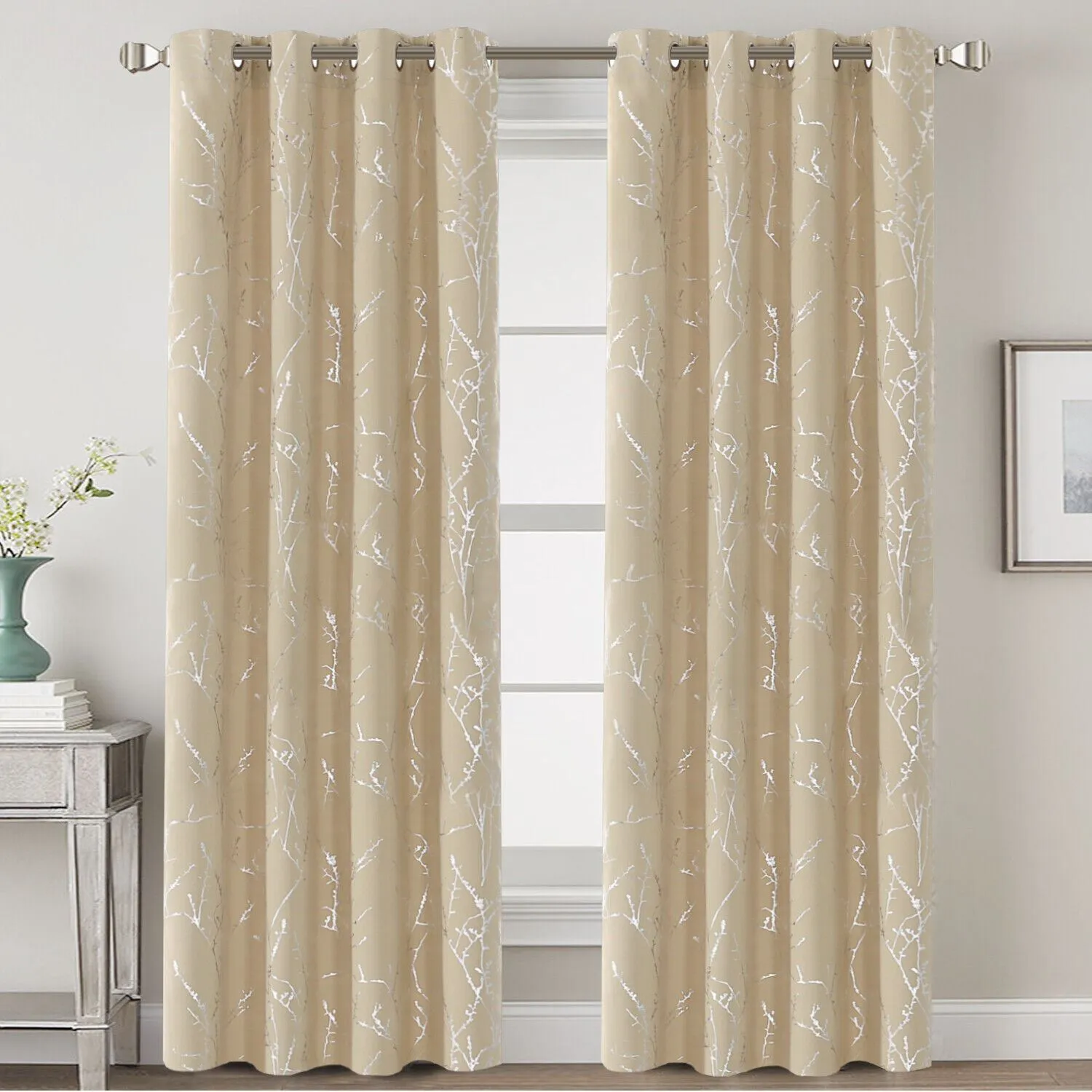 2x Blackout Foil Print Twig Tree Branch Curtain Drapes for Living Bedroom