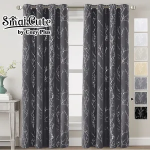 2x Blackout Foil Print Twig Tree Branch Curtain Drapes for Living Bedroom