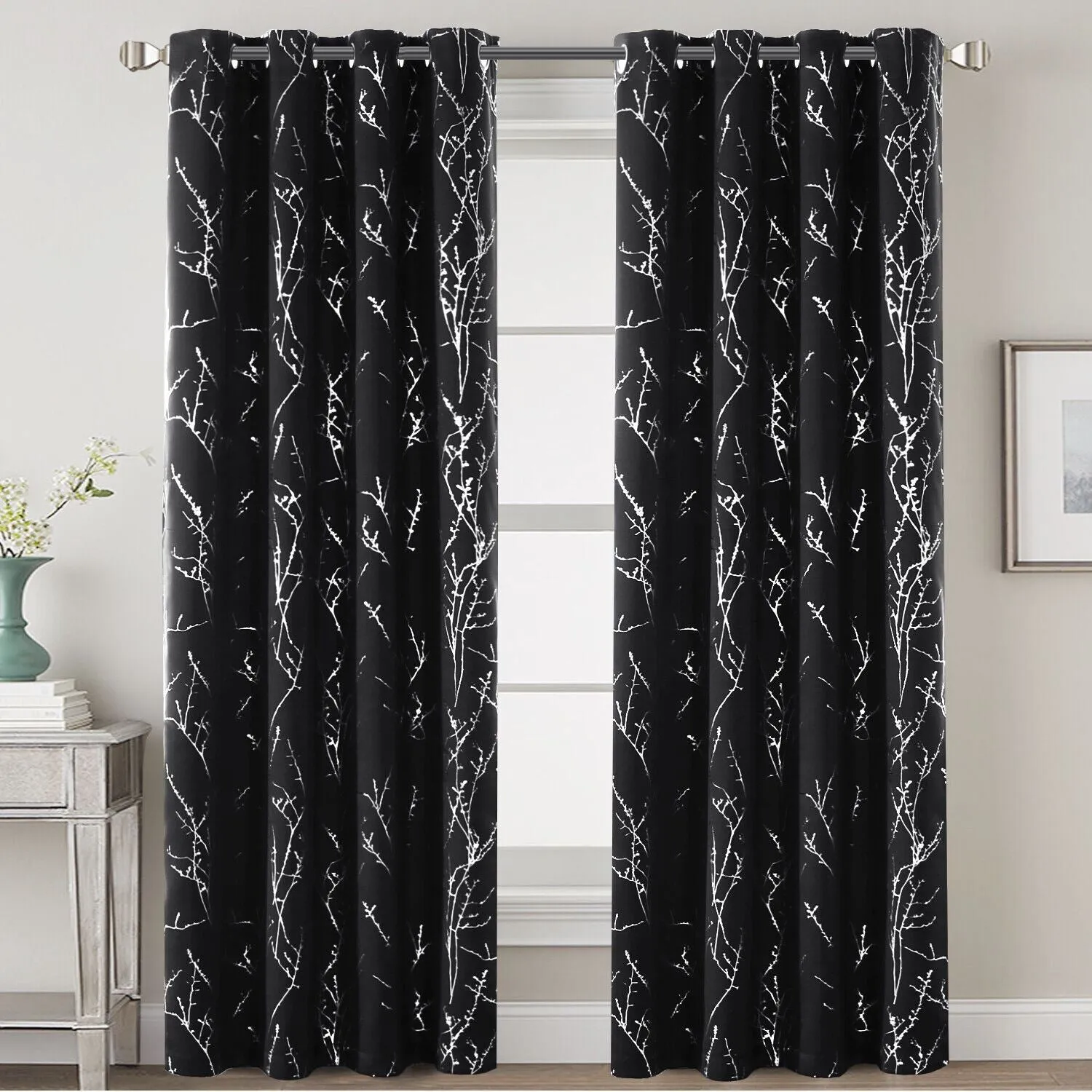 2x Blackout Foil Print Twig Tree Branch Curtain Drapes for Living Bedroom