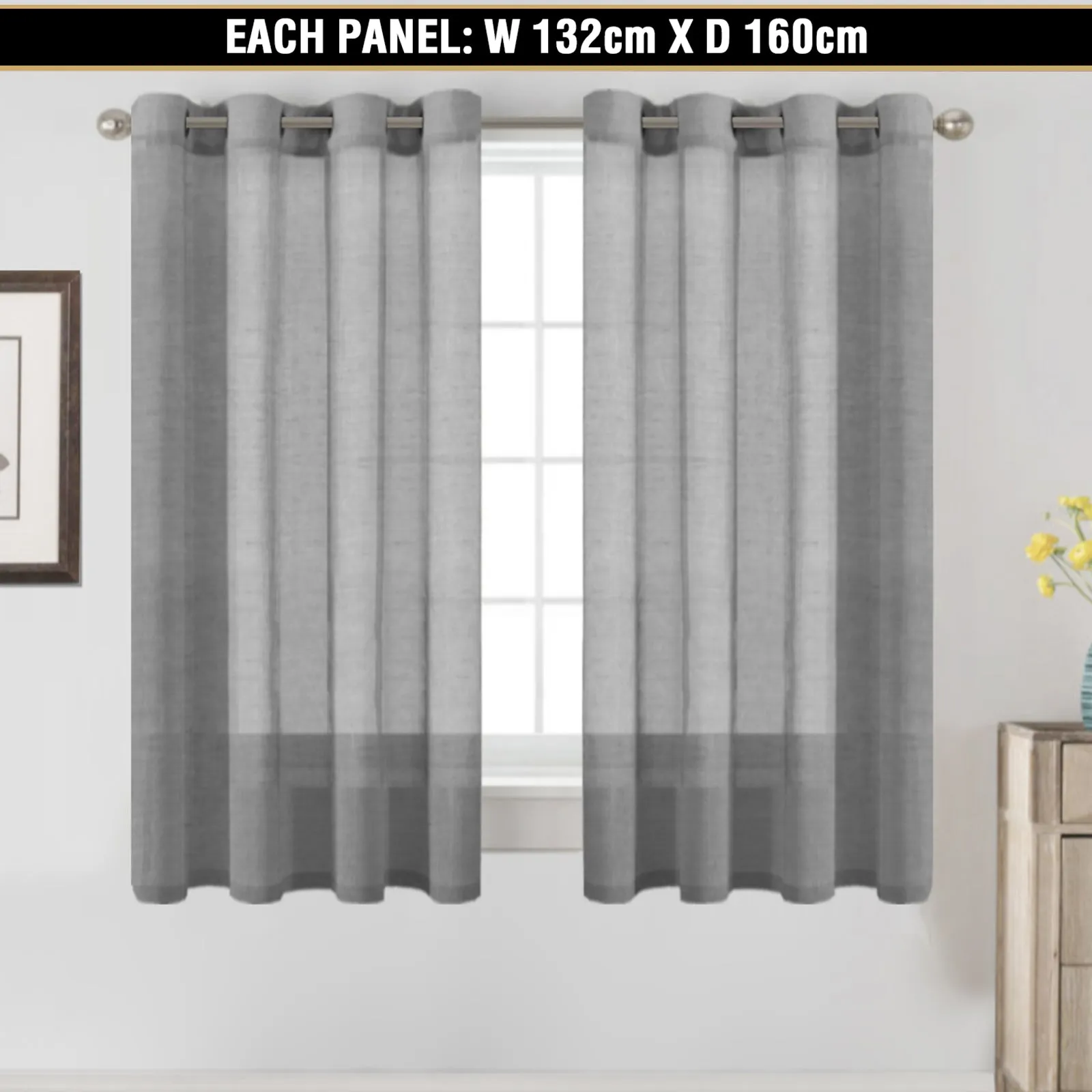 2x Linen Sheer Curtains Living Room Curtains Pair Eyelet Privacy Linen Draperies