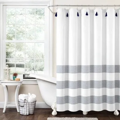 72"x72" Boho Tassel Striped Yarn Dyed Eco Friendly Recycled Cotton Shower Curtain Navy - Lush Décor