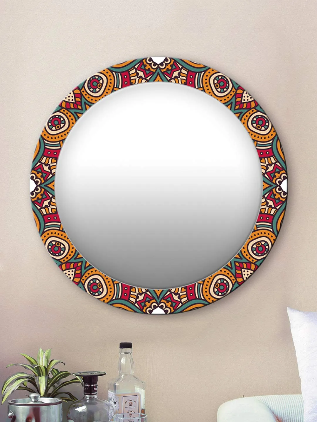 999STORE Printed Mirror Decorative Items Shave Mirror Classical Yellow Pattern Round Mirror (MDF_17X17 Inch_Multi) MirrorRSZ1042