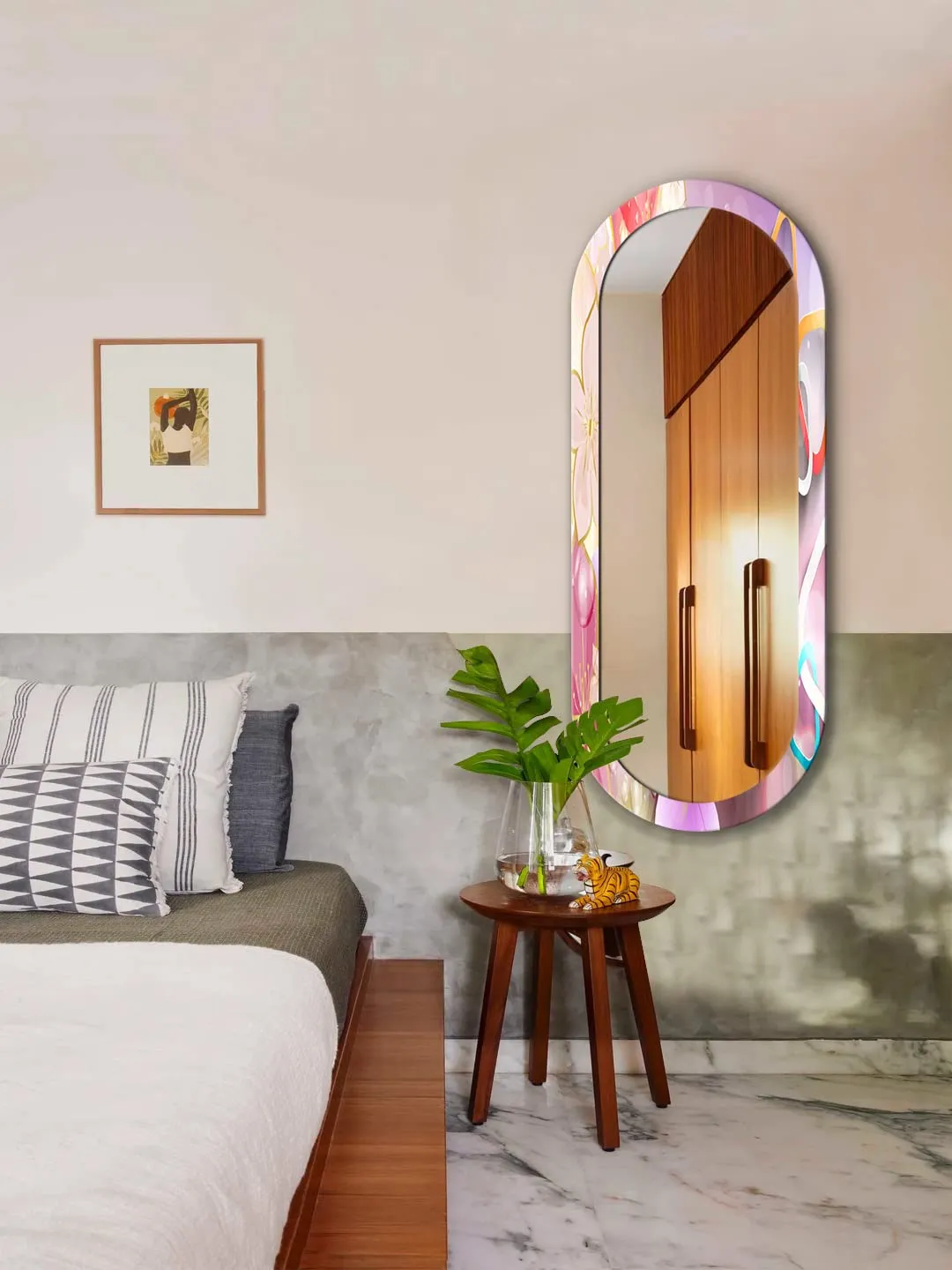 999STORE Printed Stylish Mirror Large Bathroom Mirror Pink 3D Flower Pattern Large Long Big Full Length Mirror (MDF_18X46 Inches) MirrorR1846282