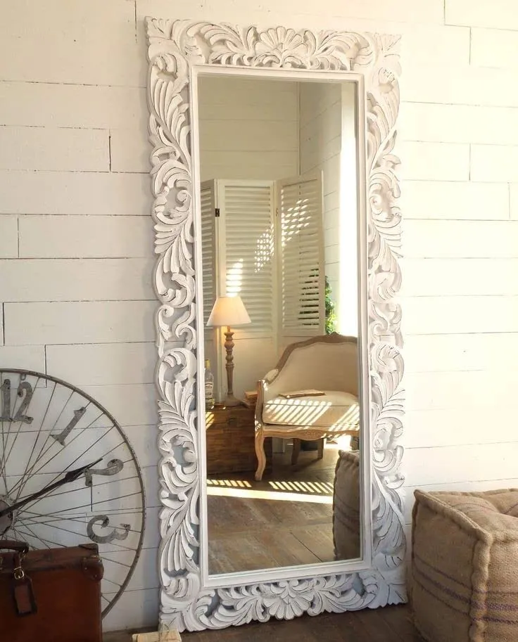 Aafiyat Big Wood Mirror Frame only Wood Wall Carving Mirror Frame 36X72 Inch White Antique only Frame with Out Mirror