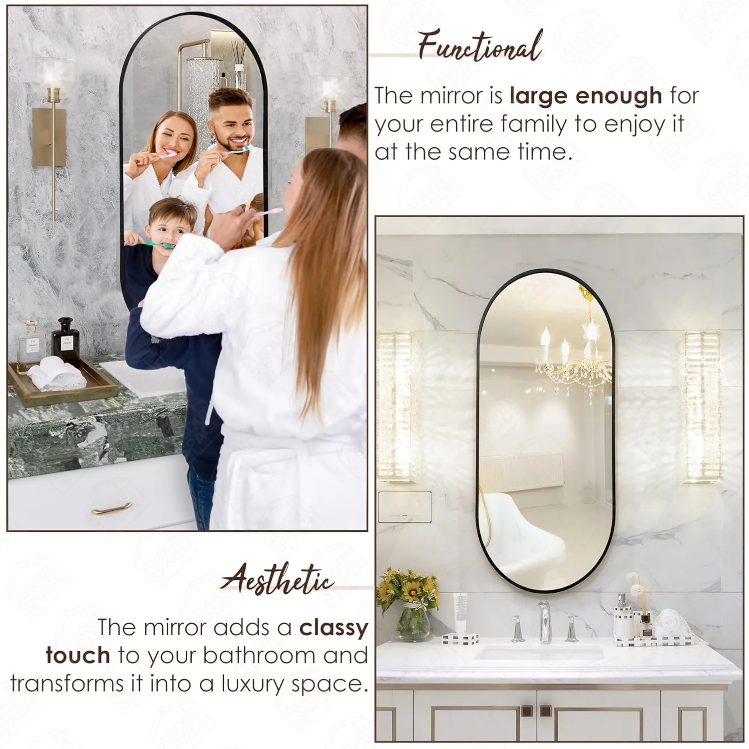 ABOUT SPACE 4mm Heavy Glass HD Mirror 16inch Shatter Proof&Explosion Film Proof Capsule Mirror for Wall-Classic Matt Black Finish Aluminum Frame Oval Mirror for Bathroom,Bedroom,Vanity,Foyer(40x80cm)