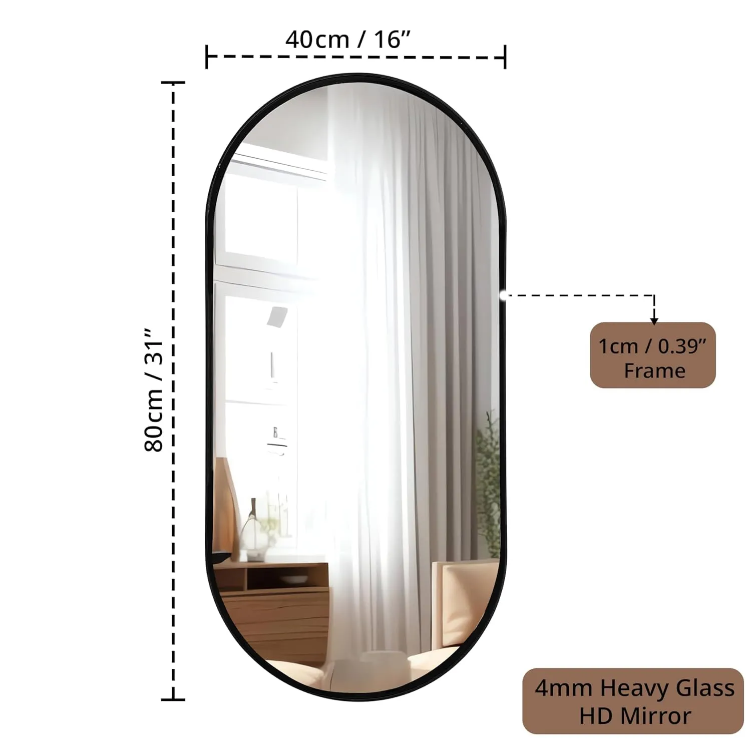 ABOUT SPACE 4mm Heavy Glass HD Mirror 16inch Shatter Proof&Explosion Film Proof Capsule Mirror for Wall-Classic Matt Black Finish Aluminum Frame Oval Mirror for Bathroom,Bedroom,Vanity,Foyer(40x80cm)