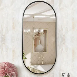 ABOUT SPACE 4mm Heavy Glass HD Mirror 16inch Shatter Proof&Explosion Film Proof Capsule Mirror for Wall-Classic Matt Black Finish Aluminum Frame Oval Mirror for Bathroom,Bedroom,Vanity,Foyer(40x80cm)