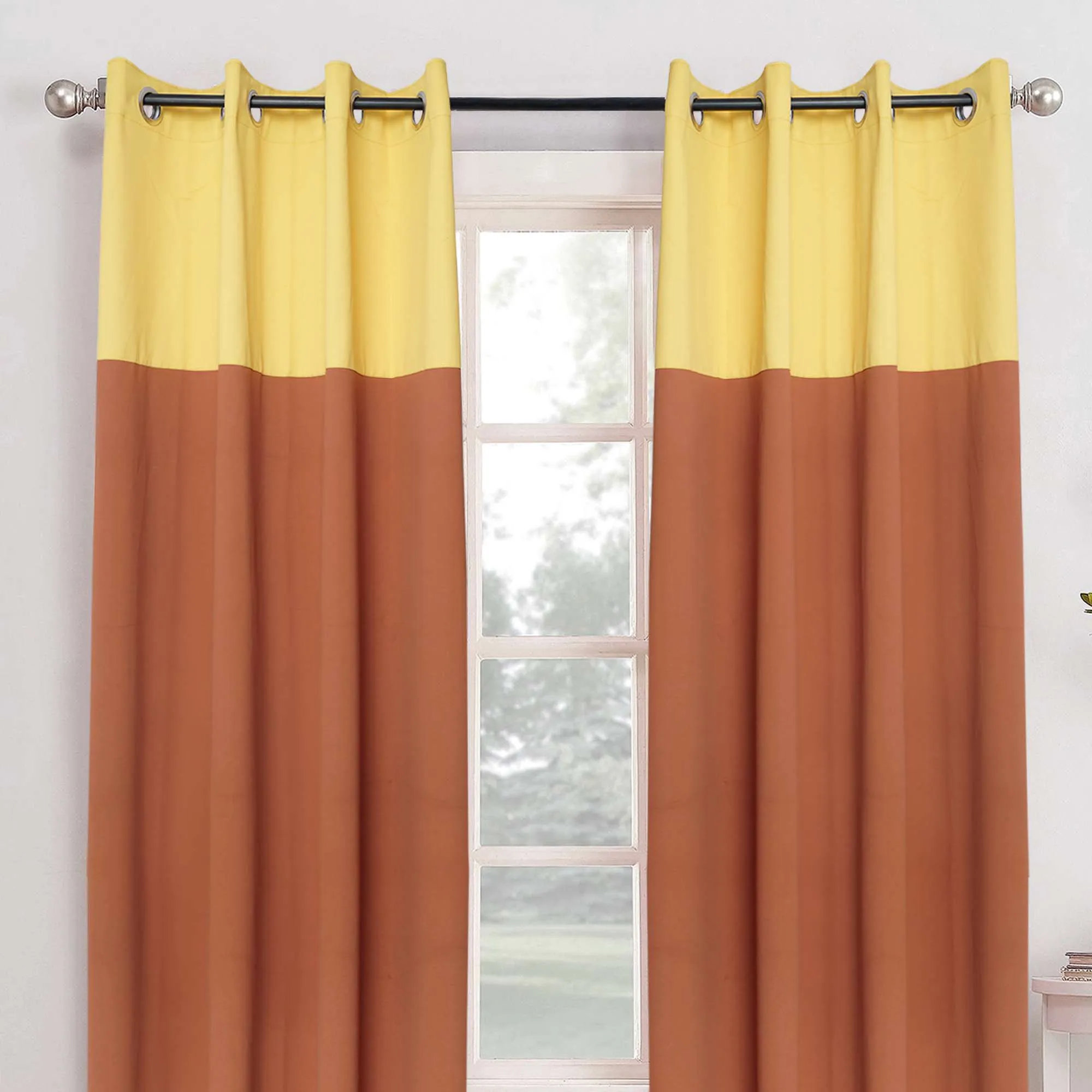 American-Elm 2 Panel Chocolate and Yellow Imported Premium two Colour Room Darkening Blackout Curtains