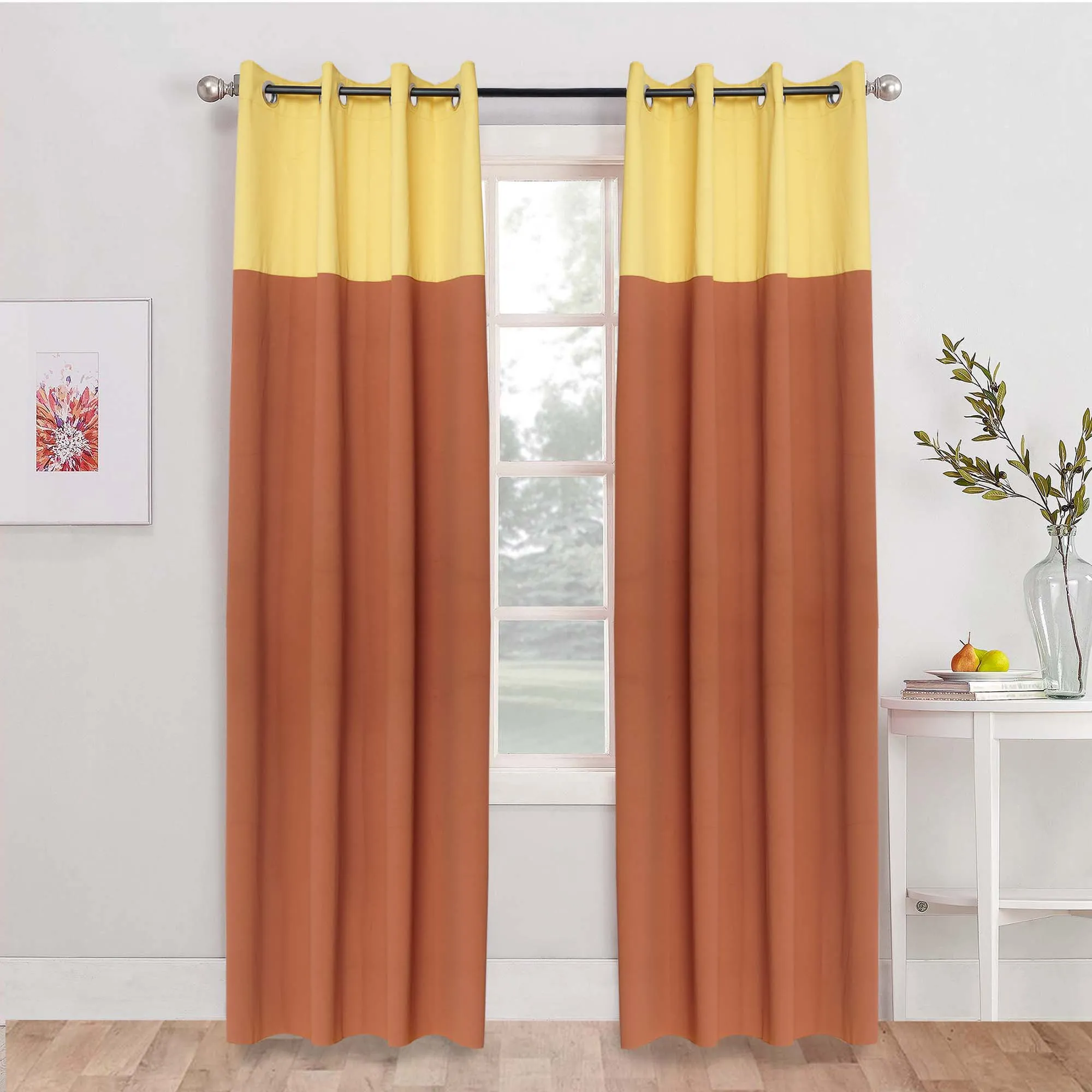 American-Elm 2 Panel Chocolate and Yellow Imported Premium two Colour Room Darkening Blackout Curtains