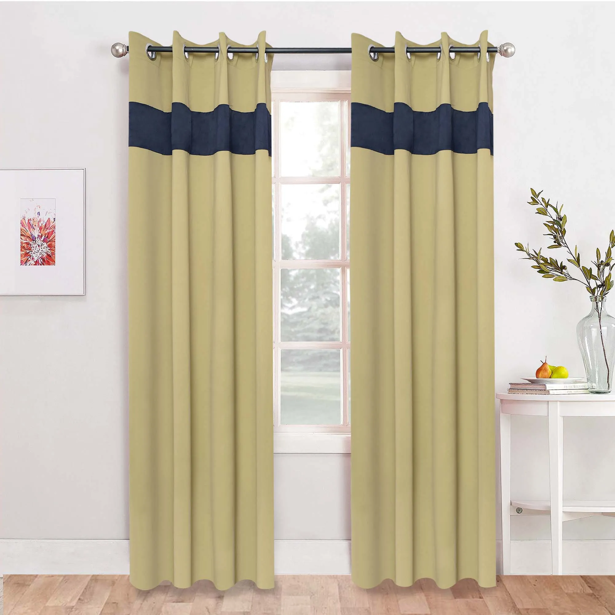 American-Elm 2 Panel GreenOlive and NavyBlue Imported Rich two Colour Room Darkening Blackout Curtains