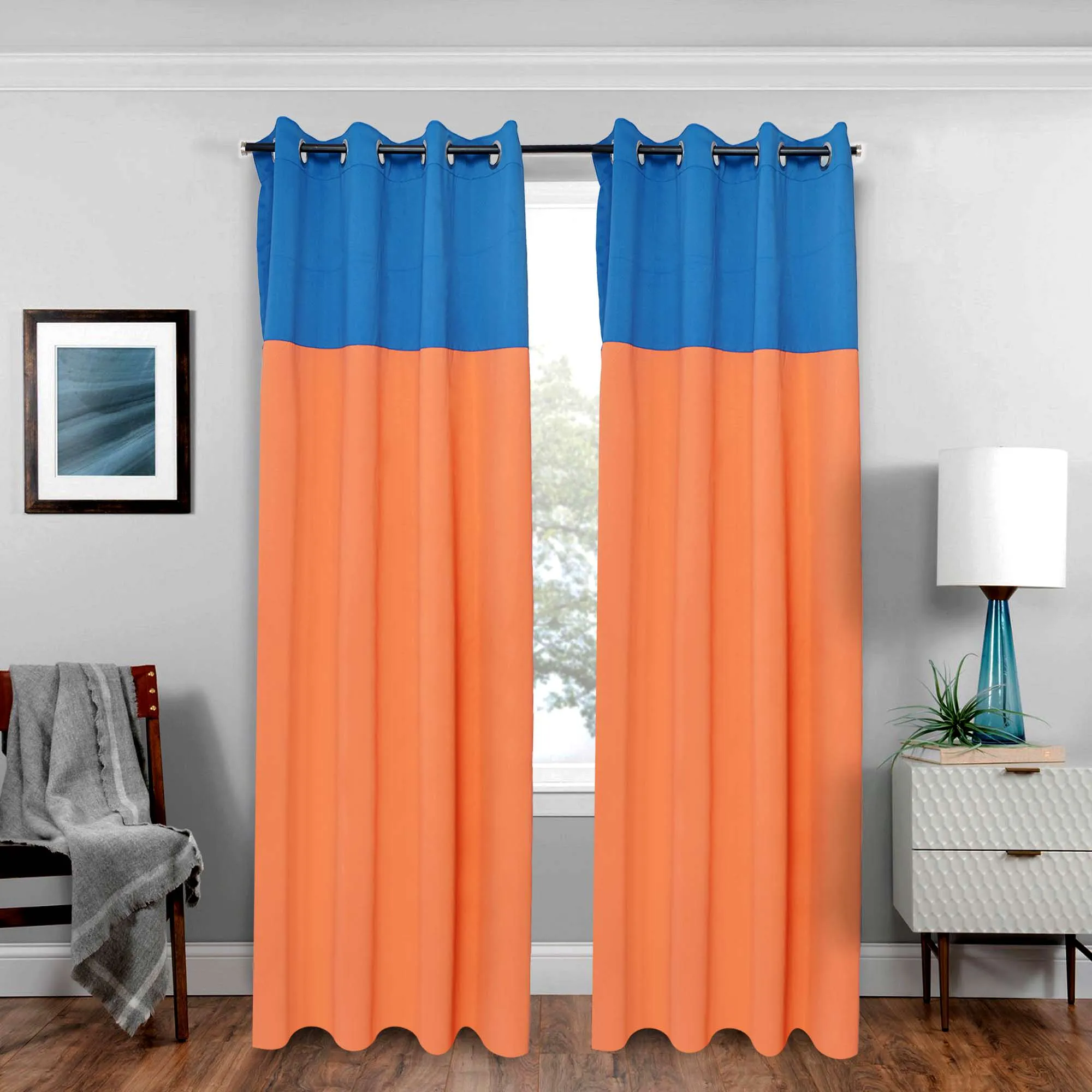 American-Elm 2 Panel Orange and DarkDenim Imported Premium two Colour Room Darkening Blackout Curtains