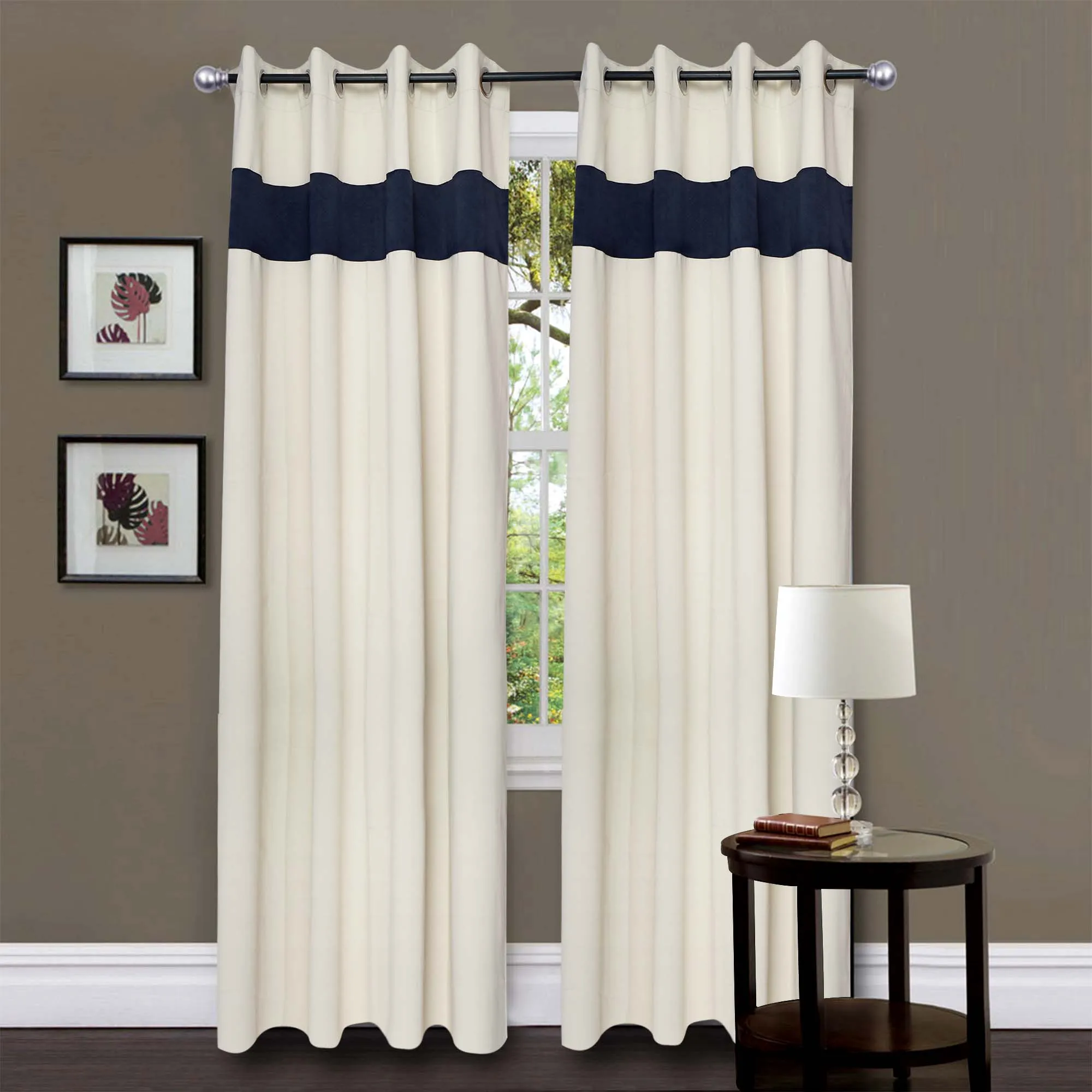 American-Elm 2 Panel Semolina and NavyBlue Imported Premium two Colour Room Darkening Blackout Curtains