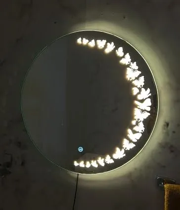 ARANAUT Round Shaped Butterfly Mirror, LED Illuminated Vanity Mirror with Touch Sensor. Wall Mounted Mirror for Bathroom, Bedroom & Makeup Room (Size: 24X24, Yellow Light).