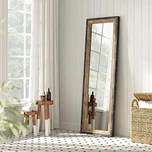 Barnyard Designs 16x48 Leaner Floor Mirror Full Length, Large Rustic Wall Mirror, Free Standing Leaning Hanging Wood and Metal Mirror Full Size, Farmhouse Long Mirror Bedroom Living Room, Brown