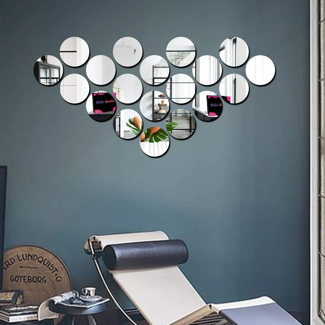 Bikri Kendra Glass Circle Silver 3D Acrylic Round Mirror Wall Stickers - 19 Pc