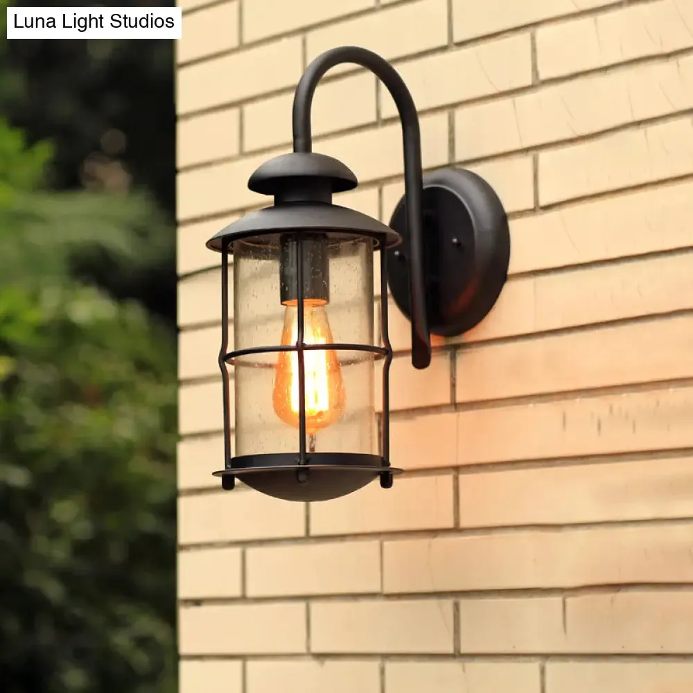 Black Seeded Glass Wall Sconce with Cage - Traditional 1-Light Fixture