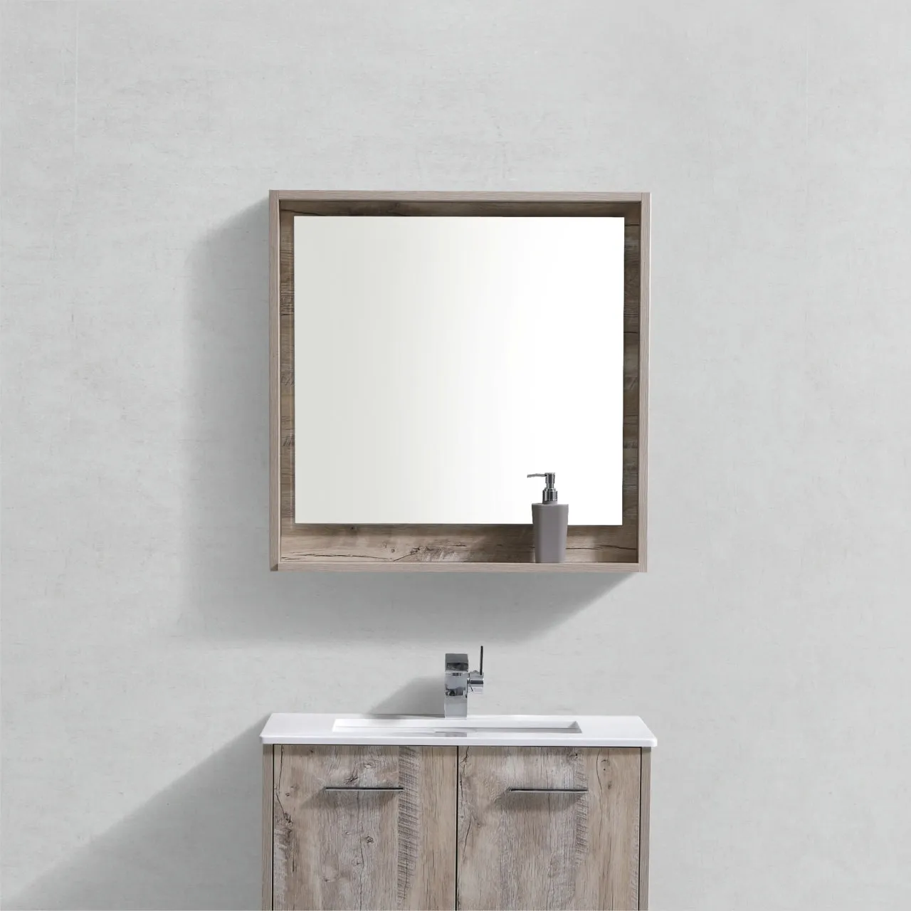 BLISS- 30" Nature Wood, Mirror With Wood Frame and Bottom Shelf