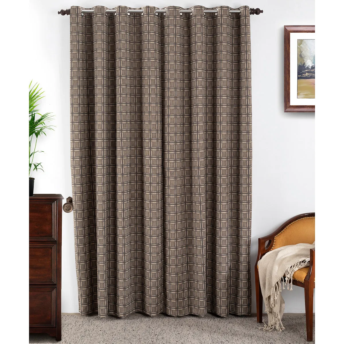 Bliss Check Jaccard 2PC Beige Curtain Set