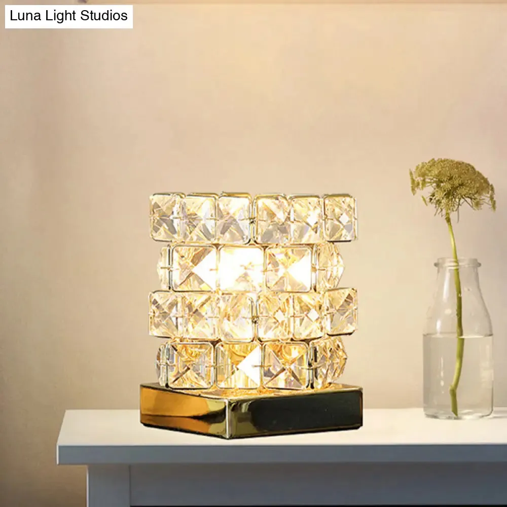 Crystal Rubik Cube Mini Table Lamp: Stylish Bedroom Nightstand Light in Silver/Gold