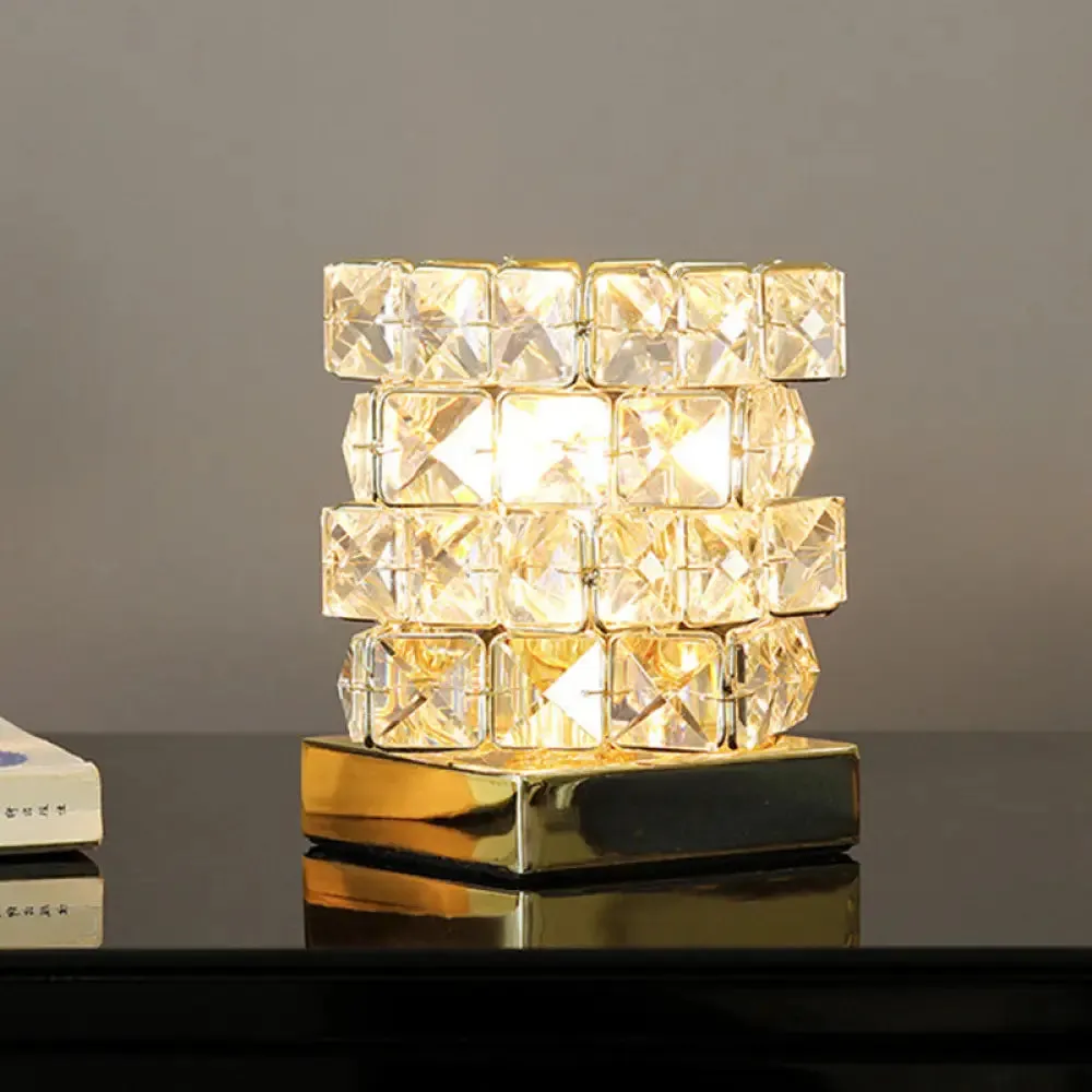 Crystal Rubik Cube Mini Table Lamp: Stylish Bedroom Nightstand Light in Silver/Gold