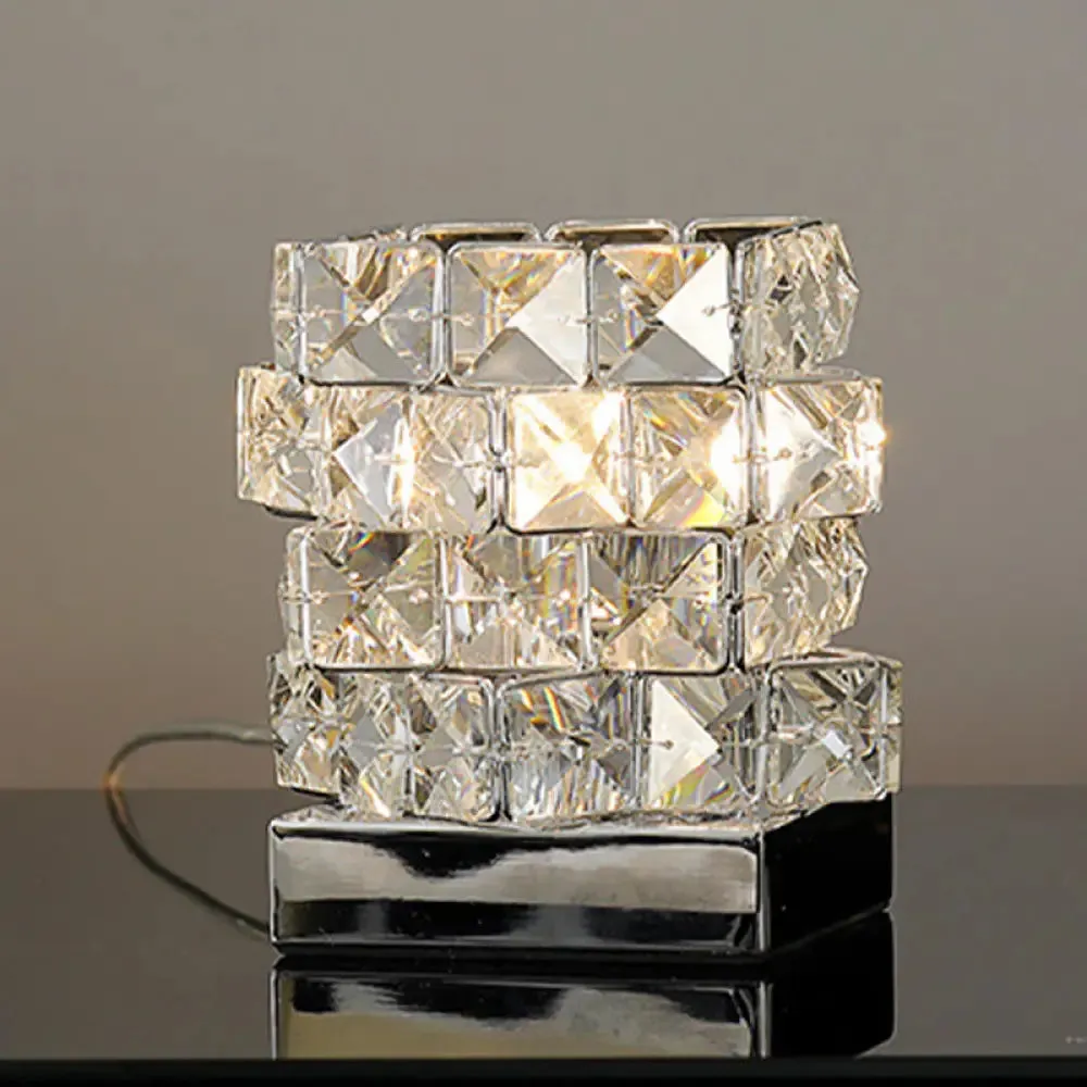 Crystal Rubik Cube Mini Table Lamp: Stylish Bedroom Nightstand Light in Silver/Gold