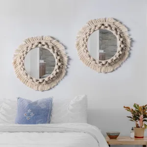 Decazone Sunflower Hand Woven Round Cotton Cord Bohemian Style Wall Mount Mirror, Set of 2, Beige, 35 W x 35 L cm