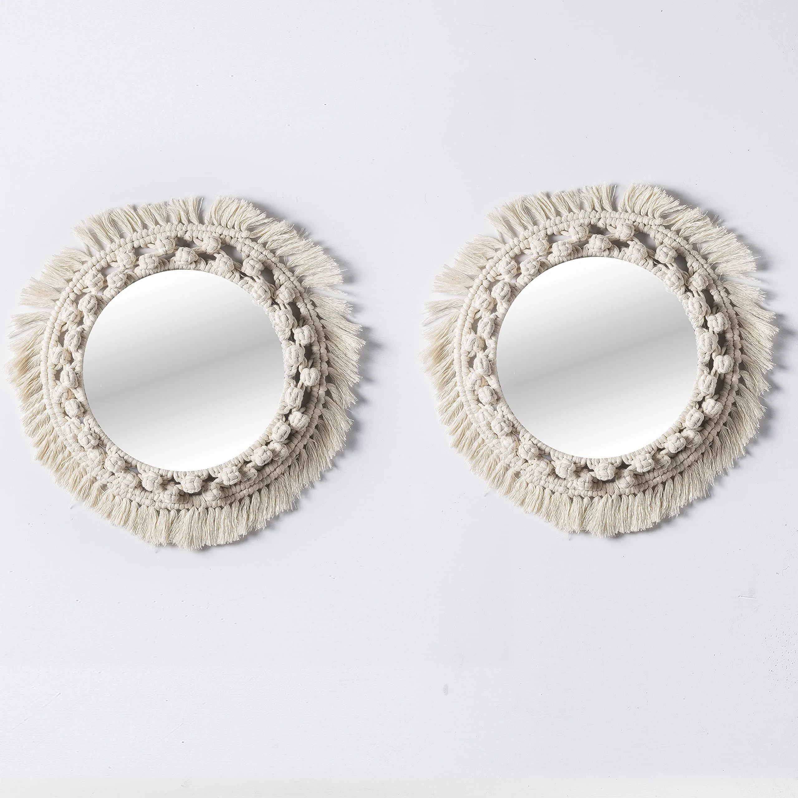 Decazone Sunflower Hand Woven Round Cotton Cord Bohemian Style Wall Mount Mirror, Set of 2, Beige, 35 W x 35 L cm