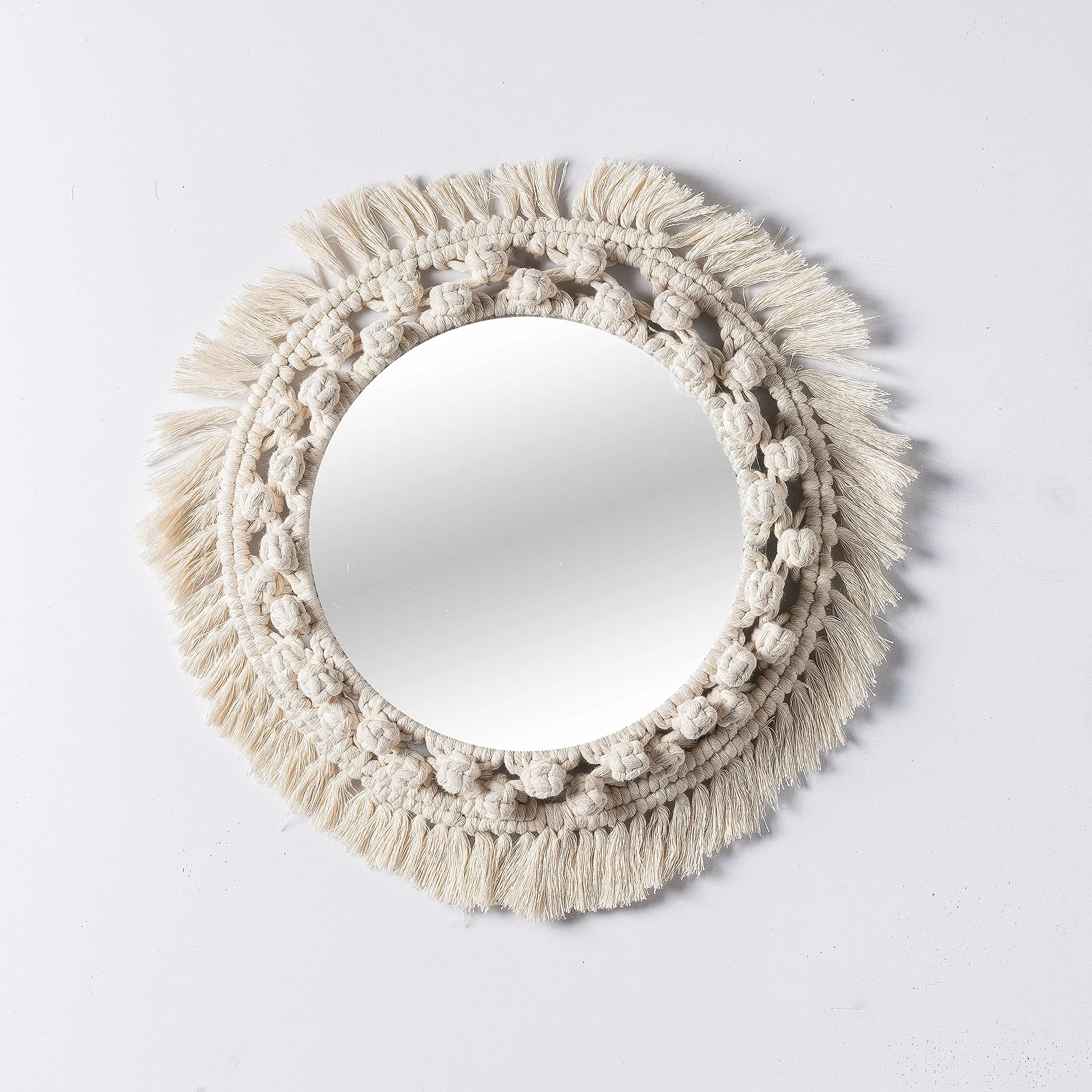 Decazone Sunflower Hand Woven Round Cotton Cord Bohemian Style Wall Mount Mirror, Set of 2, Beige, 35 W x 35 L cm