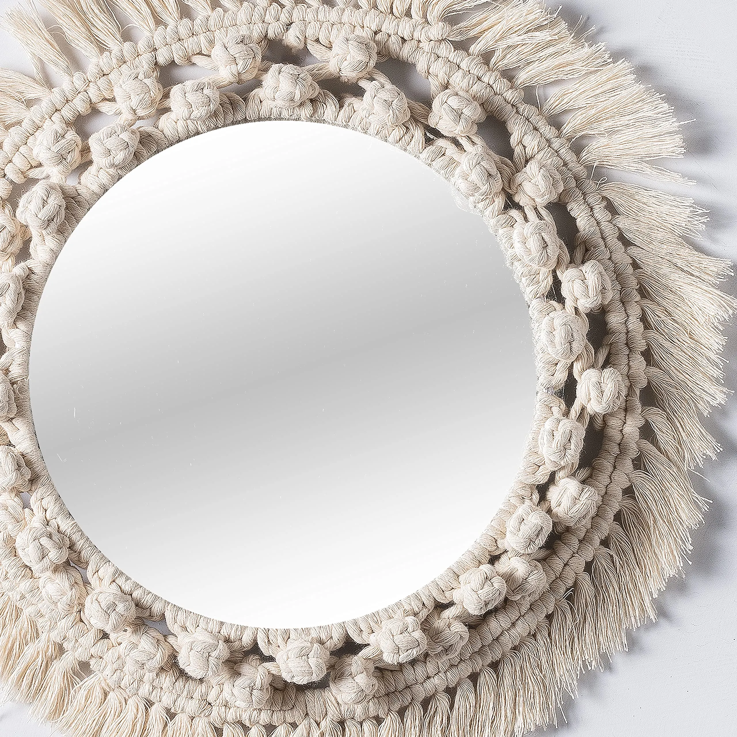 Decazone Sunflower Hand Woven Round Cotton Cord Bohemian Style Wall Mount Mirror, Set of 2, Beige, 35 W x 35 L cm