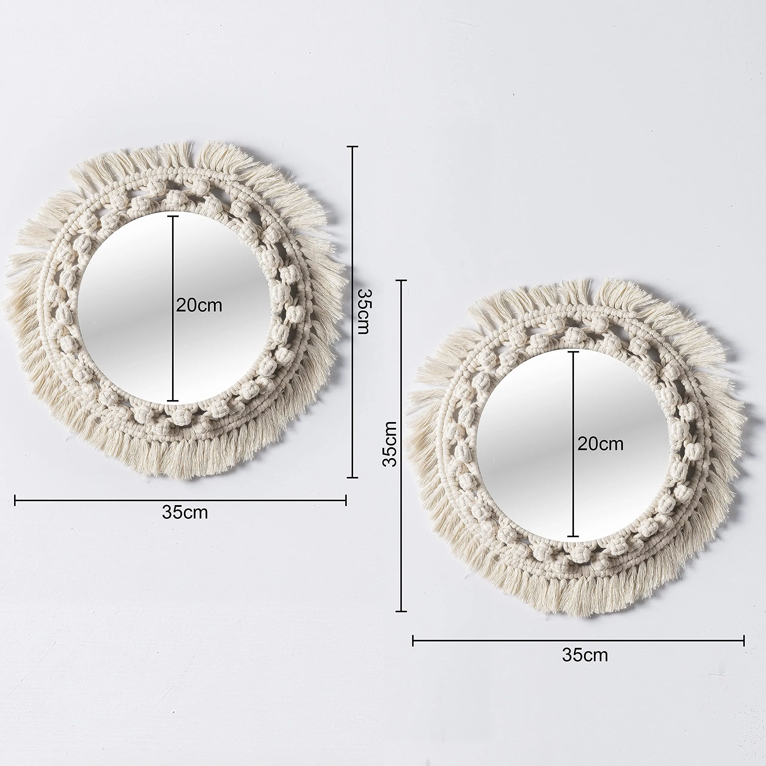 Decazone Sunflower Hand Woven Round Cotton Cord Bohemian Style Wall Mount Mirror, Set of 2, Beige, 35 W x 35 L cm