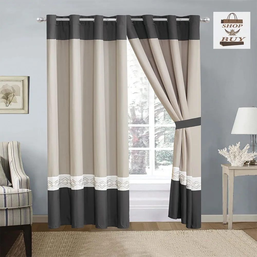 Elegant Embroidered Curtains - Cream & Grey