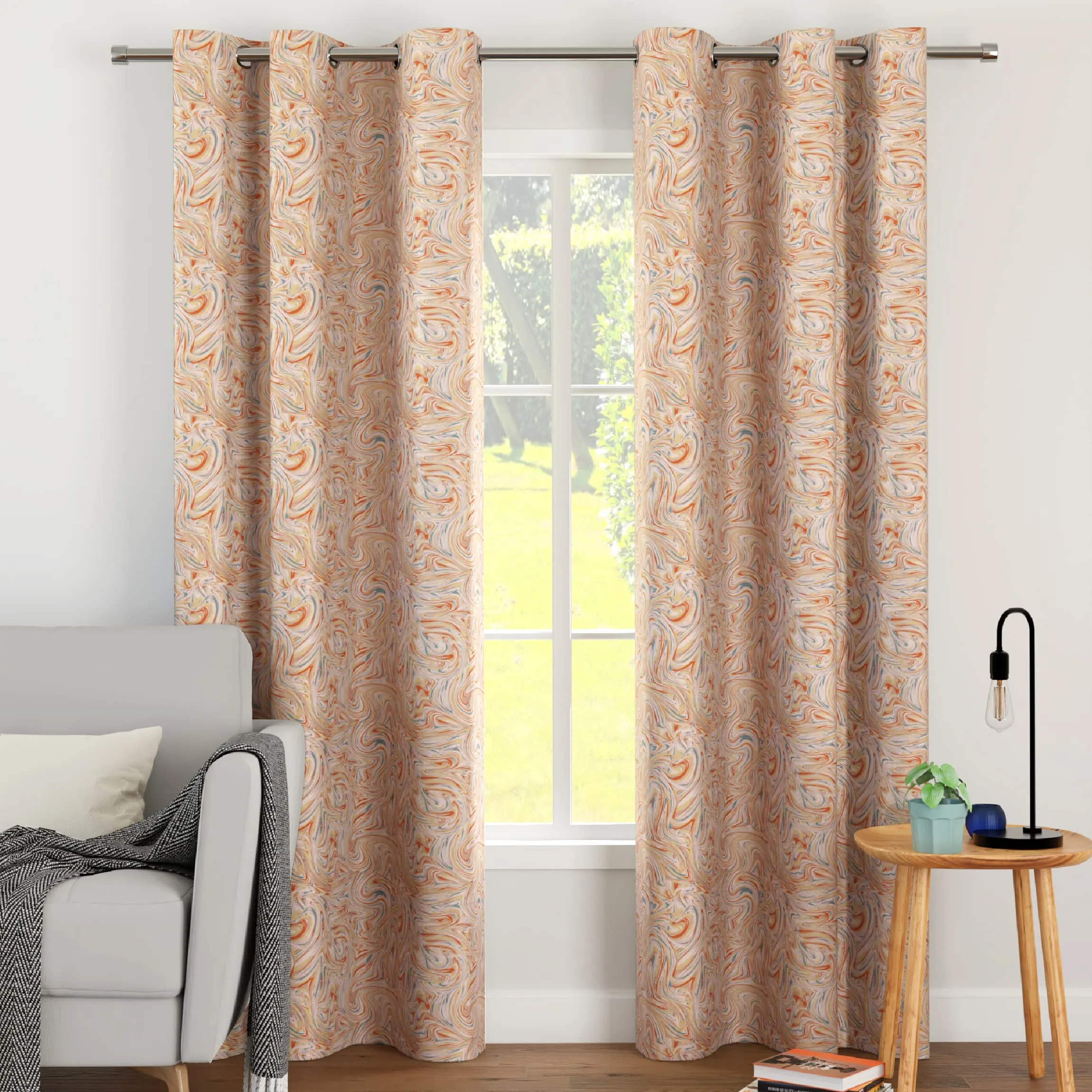 Encasa Homes Blackout Curtains (8 ft, 2 Panels) - Room Darkening - Floral Digital Print with Grommets, 85% Light Blocking, Sound & Heat Reducing - Marble Peach