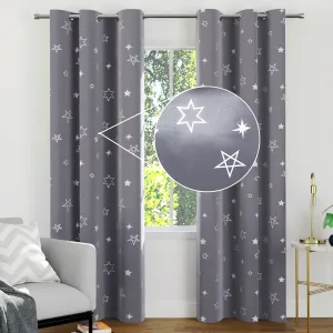 Encasa Homes Room Darkening Blackout Curtains 2 Panels Silver Foil Printed Plain Colours for Kids Bedroom, Living Room with Grommet, 85% Light Blocking, Sound & Heat Reducing, 7 ft -Star Grey