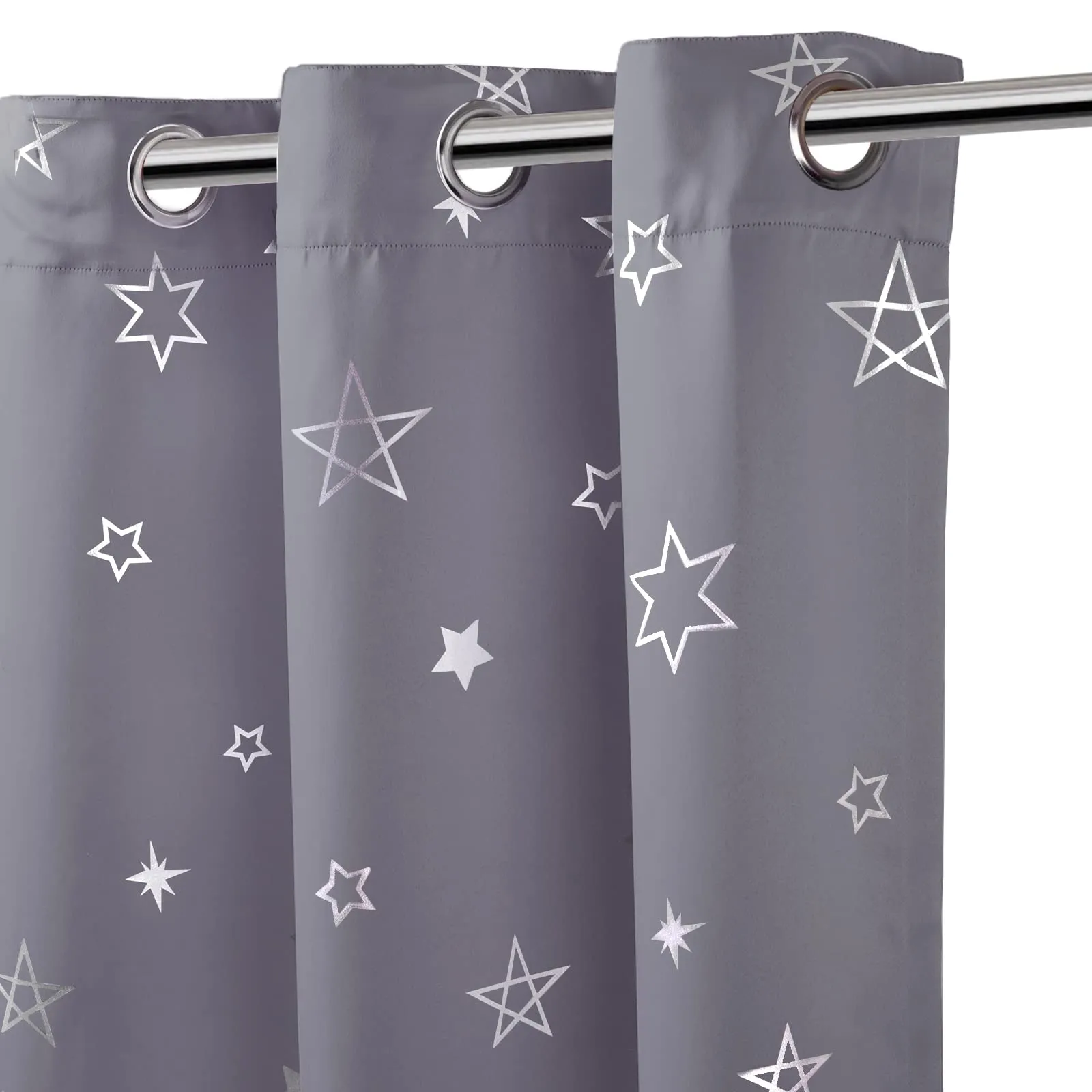 Encasa Homes Room Darkening Blackout Curtains 2 Panels Silver Foil Printed Plain Colours for Kids Bedroom, Living Room with Grommet, 85% Light Blocking, Sound & Heat Reducing, 7 ft -Star Grey