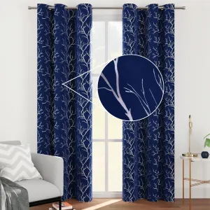 Encasa Homes Room Darkening Blackout Curtains 2 Panels Silver Foil Printed Plain Colours for Kids Bedroom, Living Room with Grommet, 85% Light Blocking, Sound & Heat Reducing, 7 ft -Twigs Navy