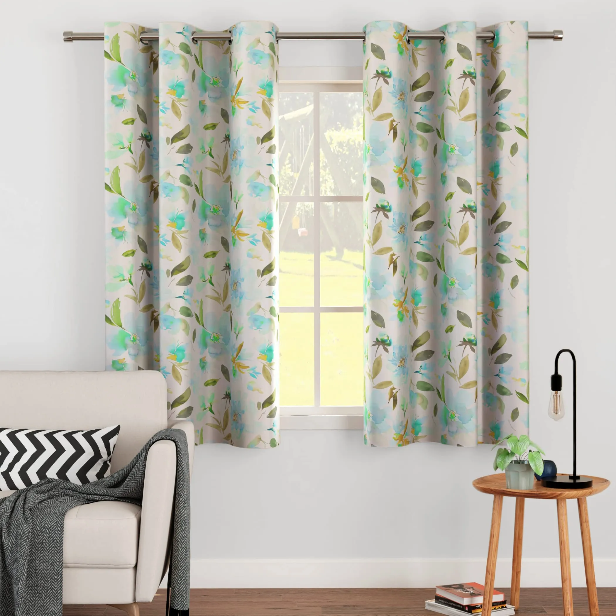 Encasa Homes Window Curtains (5 ft, 2 Panels) I Semi-Blackout 85% Room Darkening I Floral Print on Silver Ground I 6 Eyelets I Sound & Heat Reducing - F1 Aqua