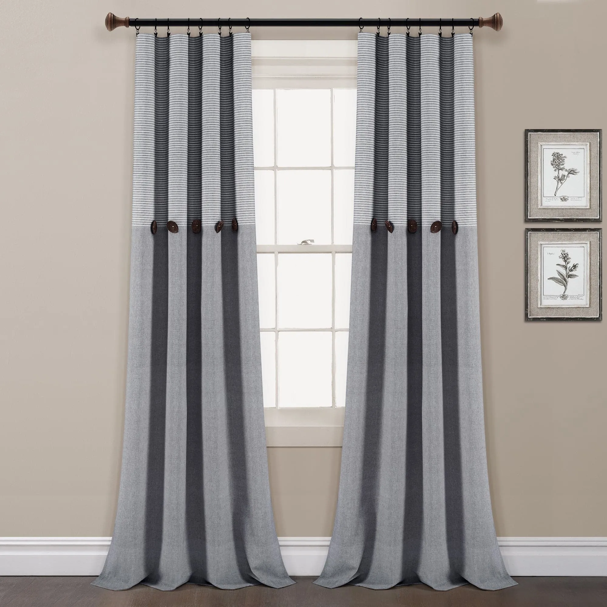 Farmhouse Button Stripe Yarn Dyed Woven Cotton Blend Window Curtain Panel Set