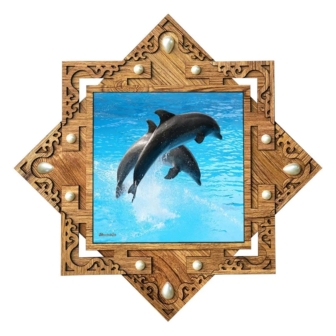 Generic PnF Star Shaped Wooden Frame with Photo of Dolphin Fish (16.5x16.5inch,Multicolour,Wood), Medium