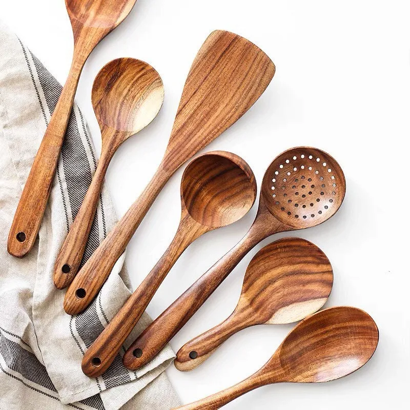 Gohobi A Set of 7 Wooden Kitchen Utensils Cutlery