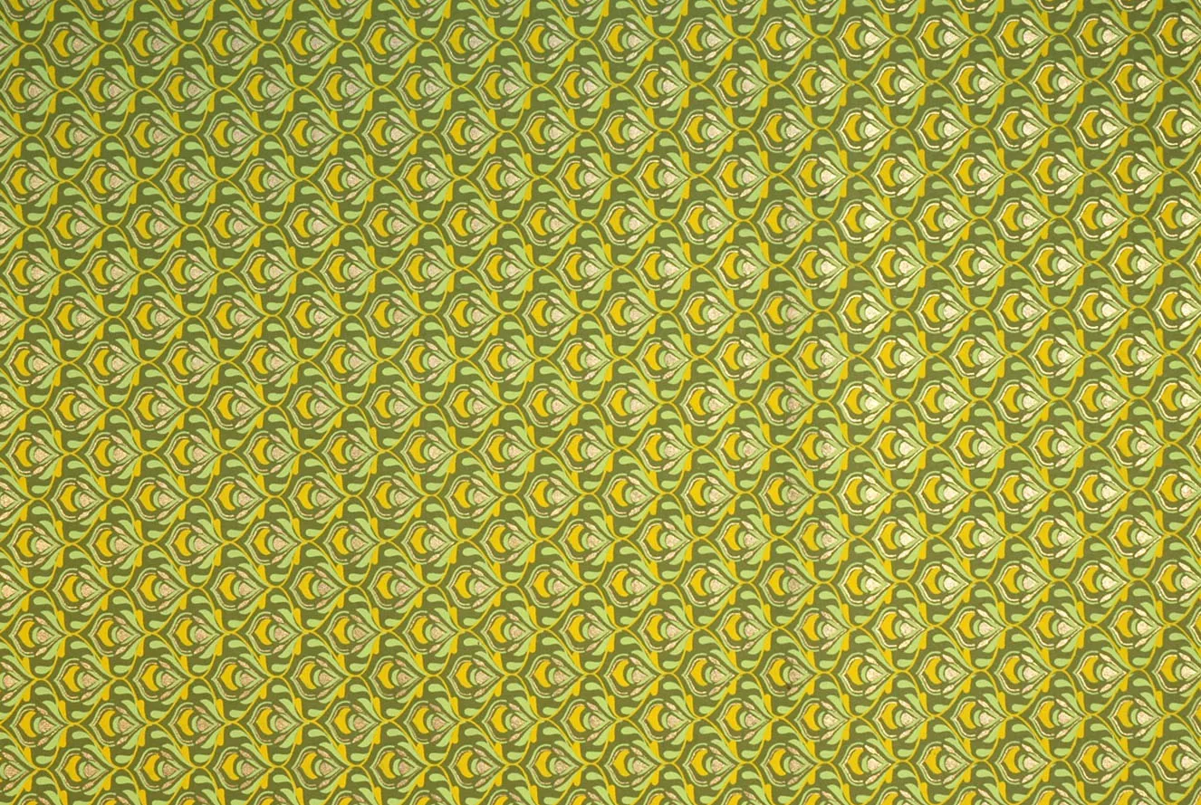 Indian Print Stylized Lotus Green, Yellow, Gold