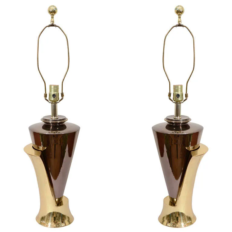 Karl Springer Style Sculptural Chrome and Brass Lamps