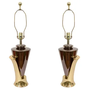 Karl Springer Style Sculptural Chrome and Brass Lamps