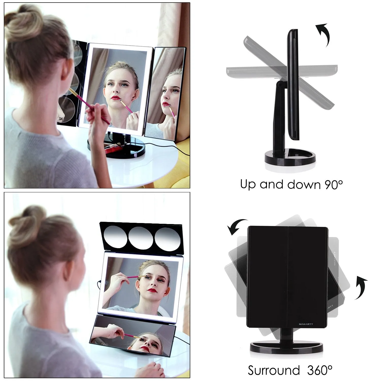 Large Lighted Trifold Vanity Makeup Mirror - 3X 5X 10X Magnification