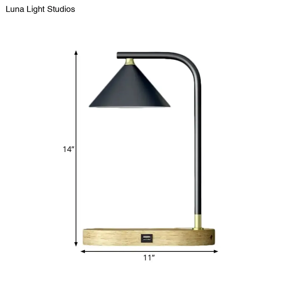 Léopoldine - Beige Simple Oblong Night Lighting Wood 1 Bulb Bedroom Desk Lamp in Beige with Conic Metal Shade