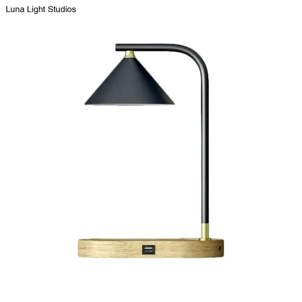 Léopoldine - Beige Simple Oblong Night Lighting Wood 1 Bulb Bedroom Desk Lamp in Beige with Conic Metal Shade