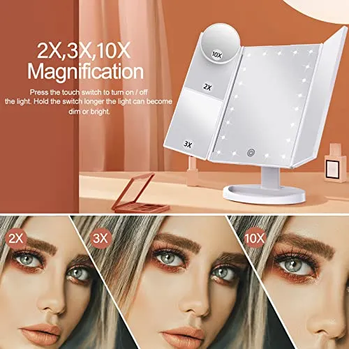 Makeup Mirror Vanity Mirror with Lights, 2X 3X 10X Magnification, Lighted Makeup Mirror, Touch Control, Trifold Makeup Mirror, Dual Power Supply, Portable LED Makeup Mirror, Women Gift (White 10X)