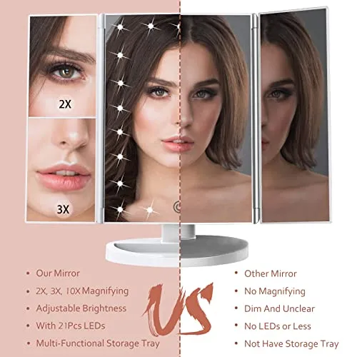 Makeup Mirror Vanity Mirror with Lights, 2X 3X 10X Magnification, Lighted Makeup Mirror, Touch Control, Trifold Makeup Mirror, Dual Power Supply, Portable LED Makeup Mirror, Women Gift (White 10X)