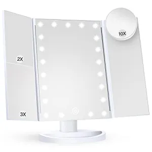 Makeup Mirror Vanity Mirror with Lights, 2X 3X 10X Magnification, Lighted Makeup Mirror, Touch Control, Trifold Makeup Mirror, Dual Power Supply, Portable LED Makeup Mirror, Women Gift (White 10X)